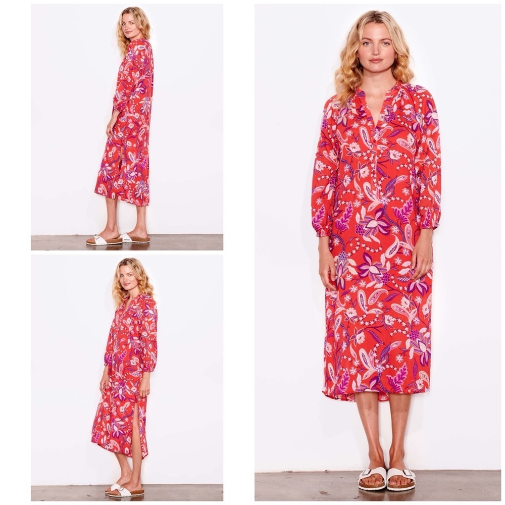 EUC Sundry Floral Cherry Henley Red and Pink Floral Long Sleeve Dress Size 1 S​​